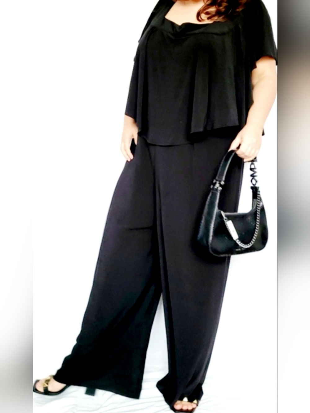 Emma & Michelle Plus Size Jumpsuit Stretch Pull On Flutter Sleeves Black 3X - Picture 11 of 16